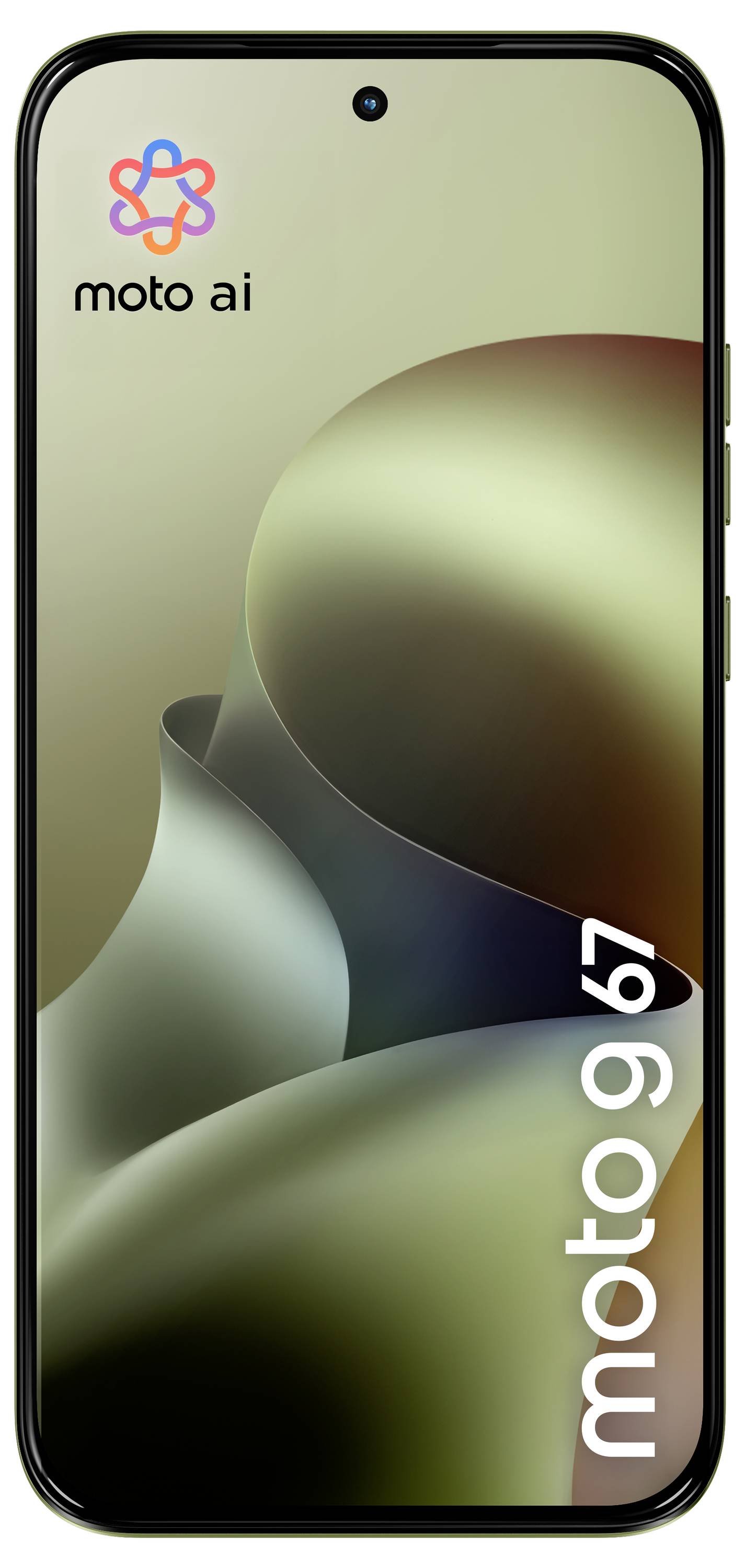 Smartfon Motorola Moto AI pokazany w perspektywie ukośnej, oliwkowozielony z całoekranowym abstrakcyjnym tapetą i brandingiem "moto g67" na wyświetlaczu