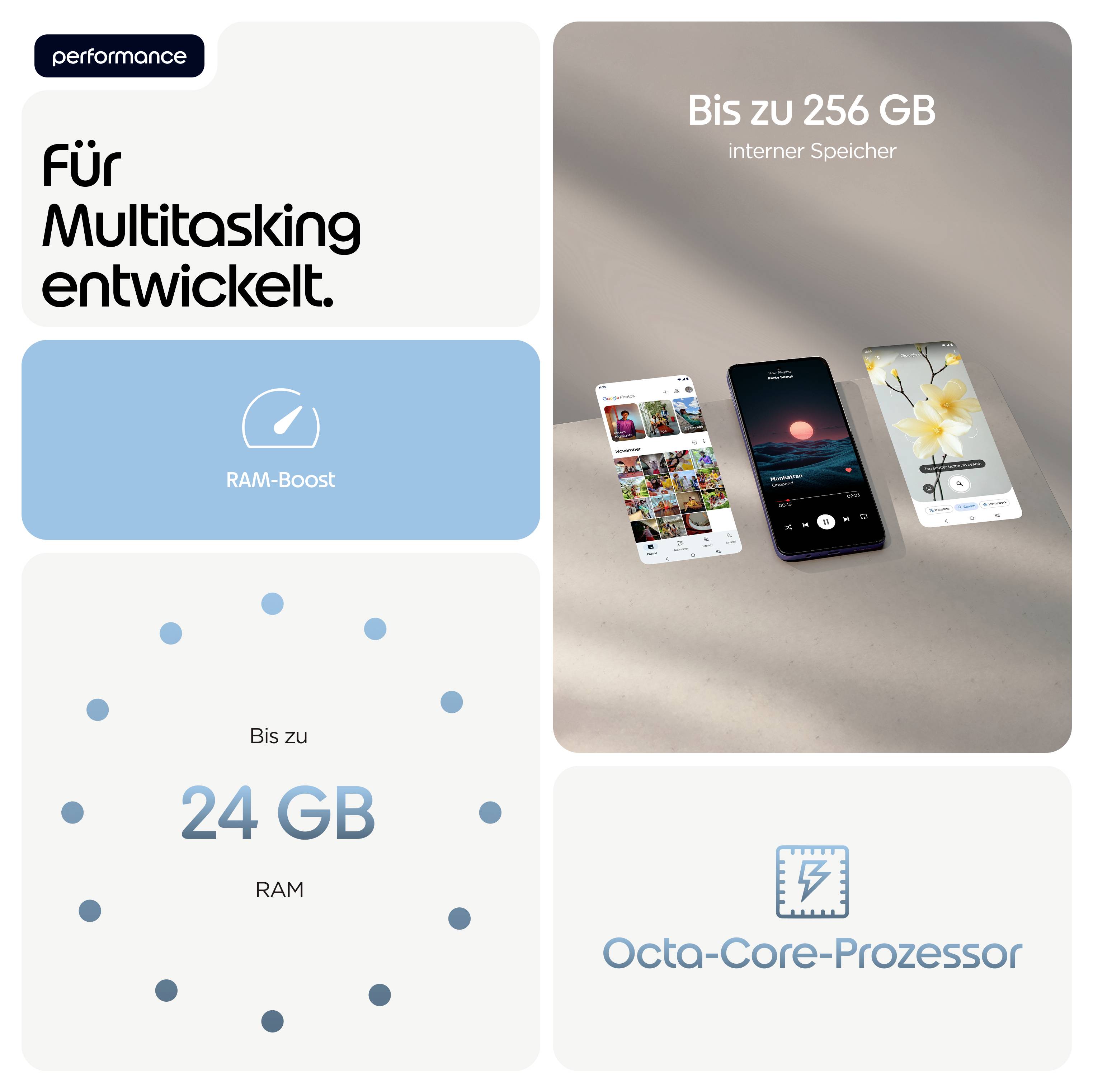 „Opracowane do multitaskingu" - Zdjęcie pokazuje smartfon wyposażony w do 24 GB pamięci RAM i 256 GB przestrzeni dyskowej.