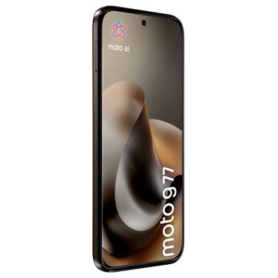 Smartfon wyświetlający na ekranie rozmyty projekt abstrakcyjny z tekstem „moto g77". Logo „moto ai" znajduje się w lewym górnym rogu.