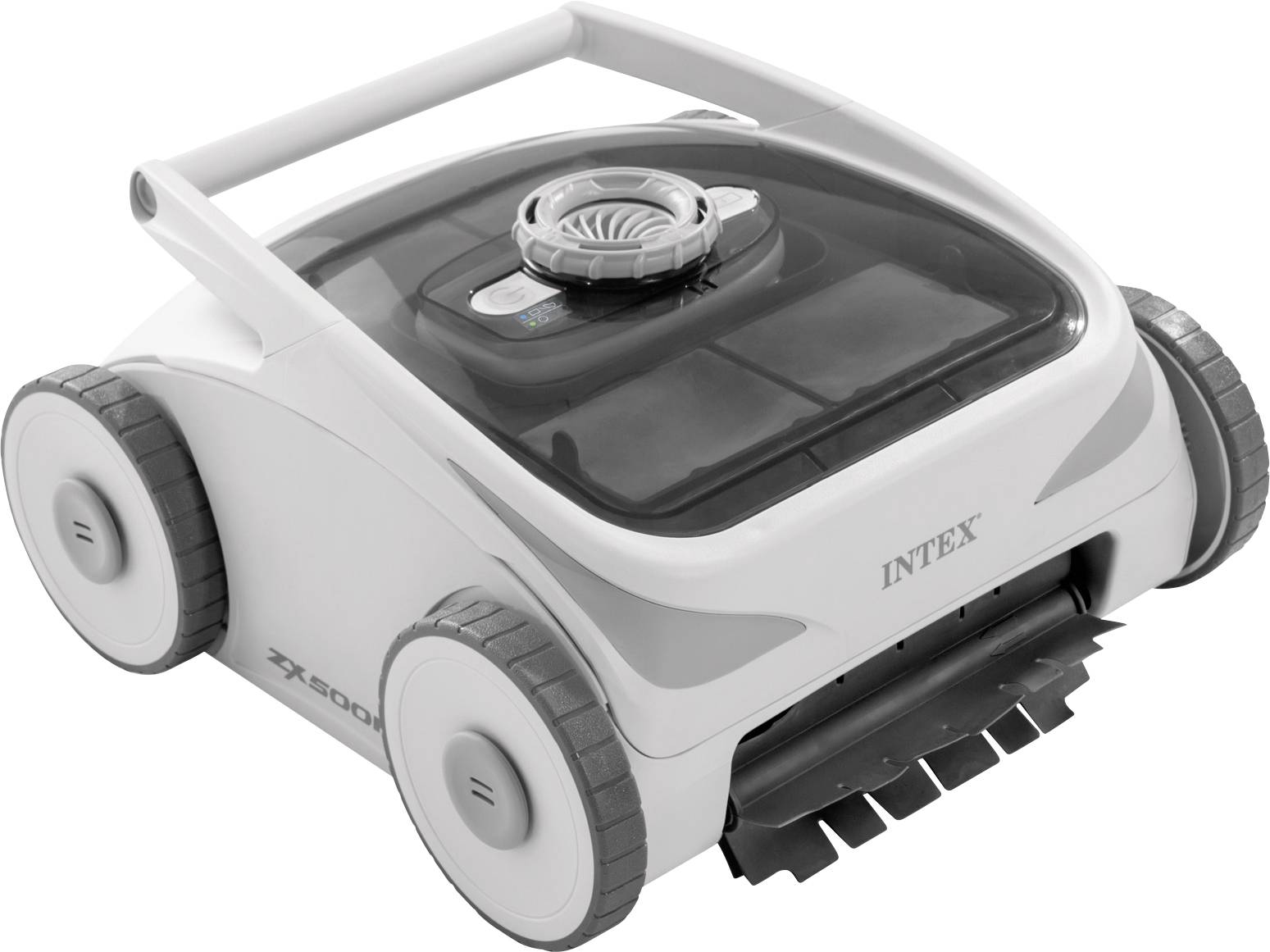 Intex ZX300 Deluxe" - automatyczny czyścik basenowy z kołami i otworem od góry, zaprojektowany do efektywnego czyszczenia basenu.