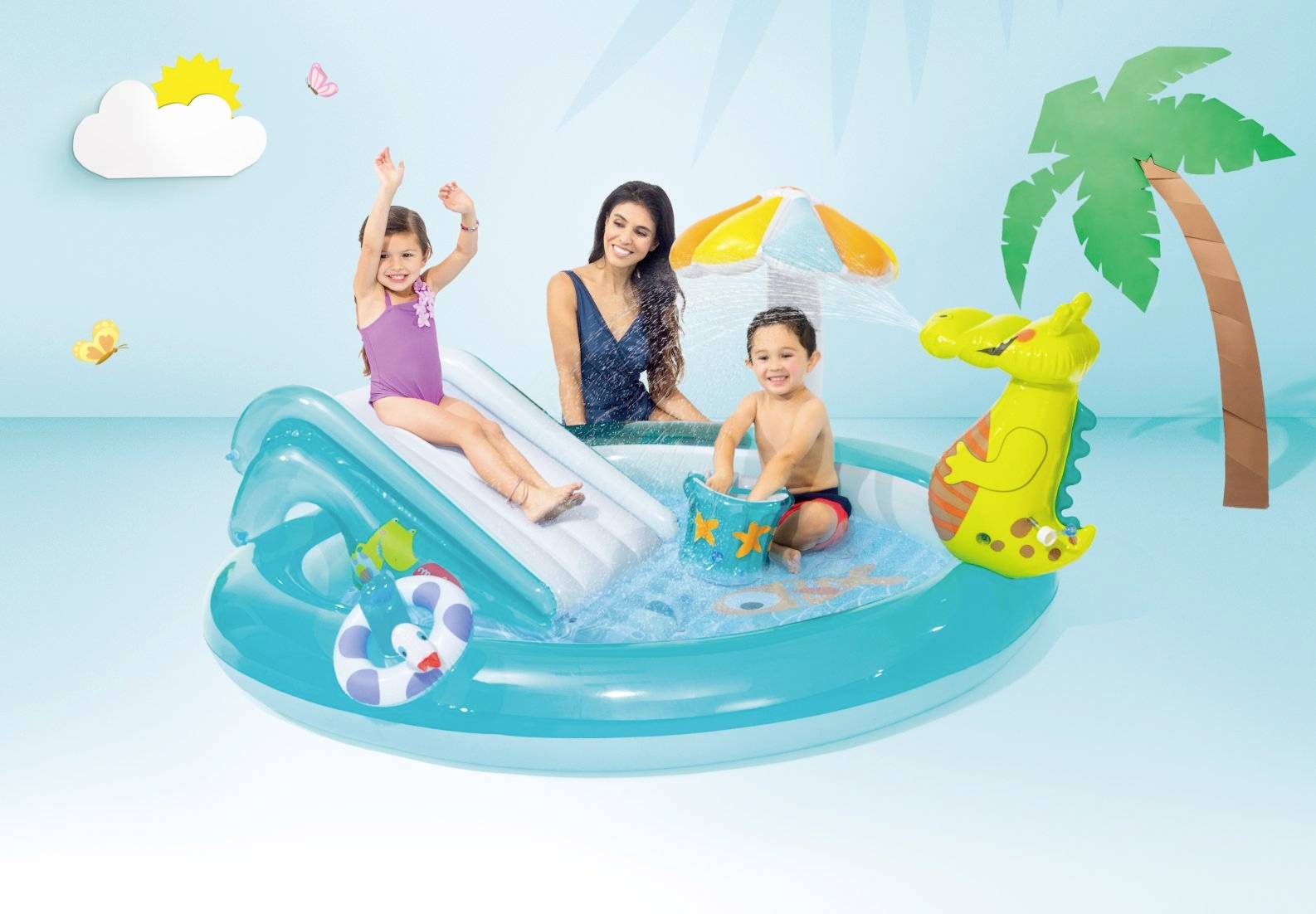 Игровой комплекс Intex Gator превратит ваш сад в освежающий оазис веселья с водной горкой, фонтаном и игрушками.
