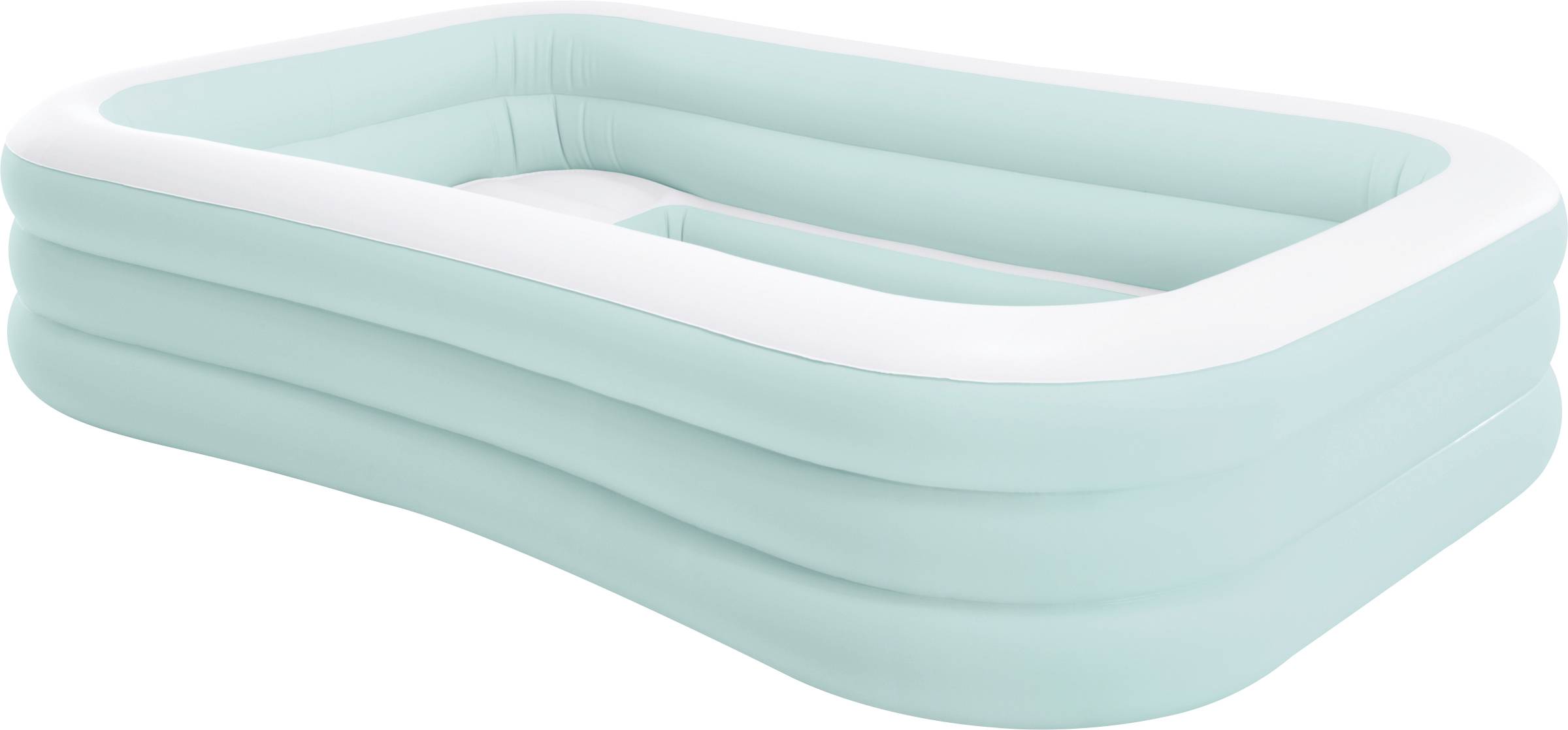 Prostokątny basen dmuchany z trzema warstwami pierścieni, jasnoniebieski exterior i biały górny brzeg, przeznaczony do użytku na świeżym powietrzu.