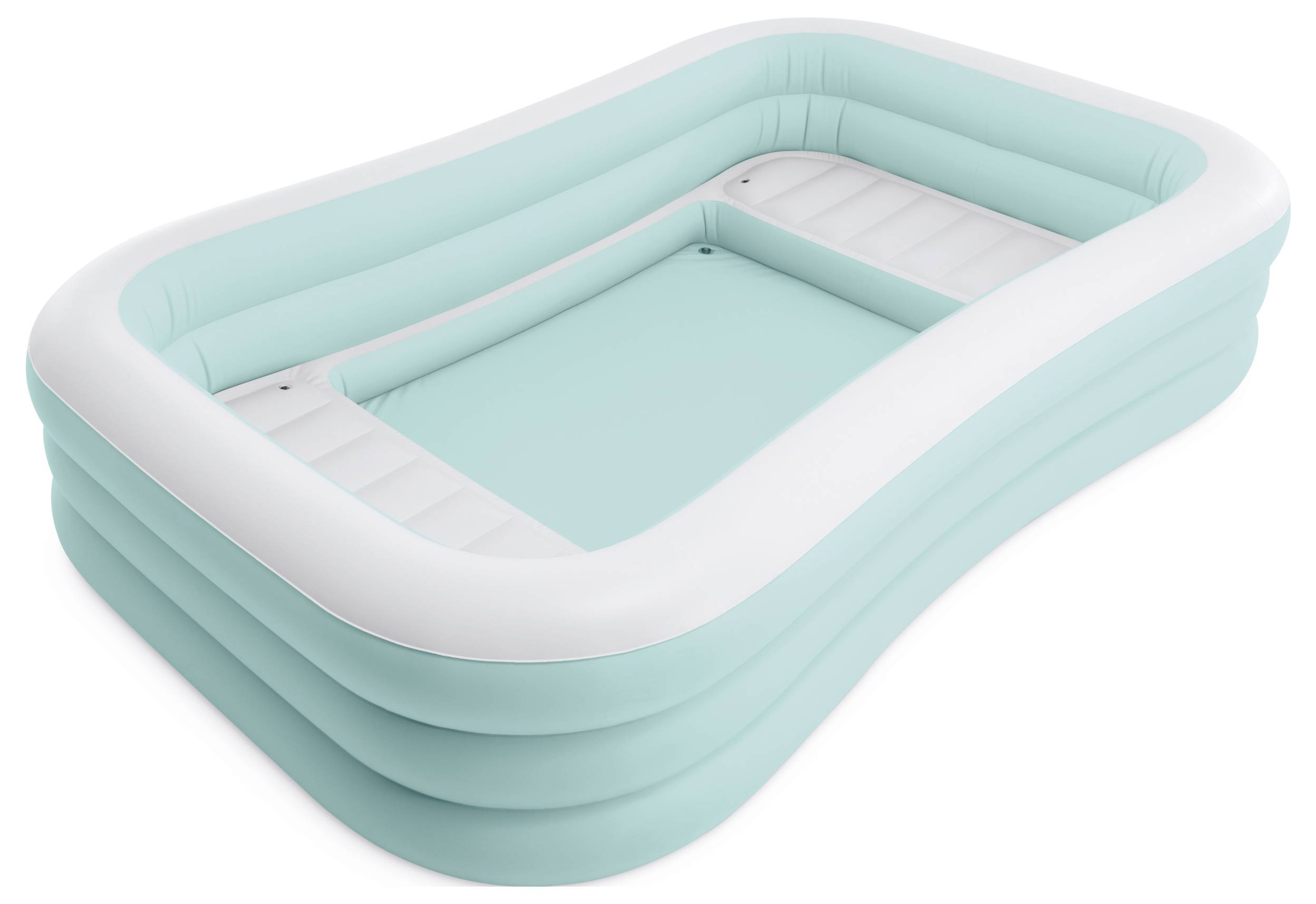 Nadmuchiwany prostokątny basen z białą krawędzią i jasnoniebieskim wnętrzem. Odpowiedni do rodzinnych zajęć na świeżym powietrzu.