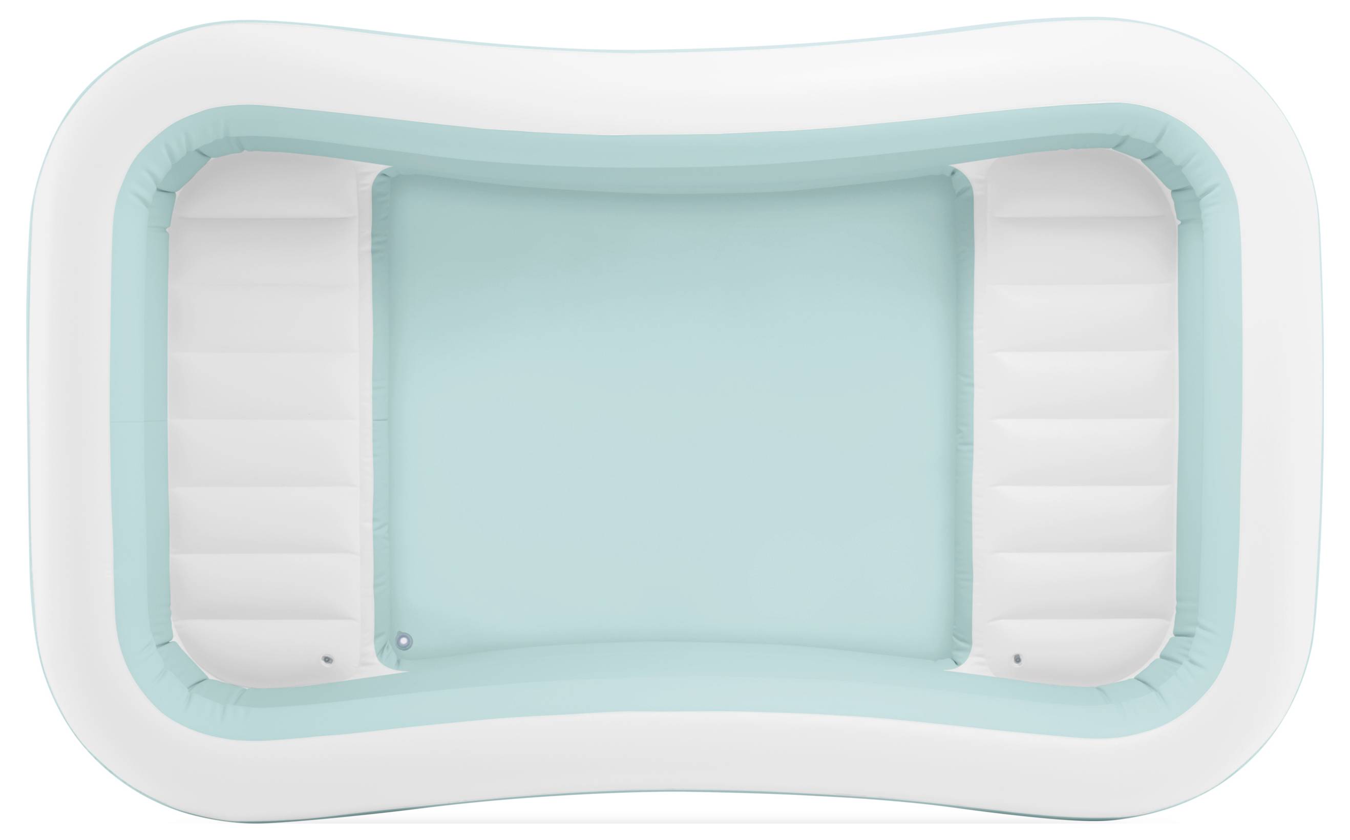 Nadmuchiwany prostokątny basen z białymi ścianami i jasnoniebiskim wnętrzem, wyposażony w dwa obszerne siedziska na przeciwnych stronach.