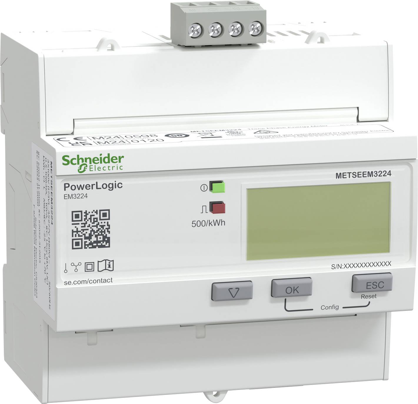 Licznik energii Schneider Electric z oznaczeniem „PowerLogic", wyświetlacz cyfrowy, przyciski do konfiguracji i oznaczenie 500kWh.