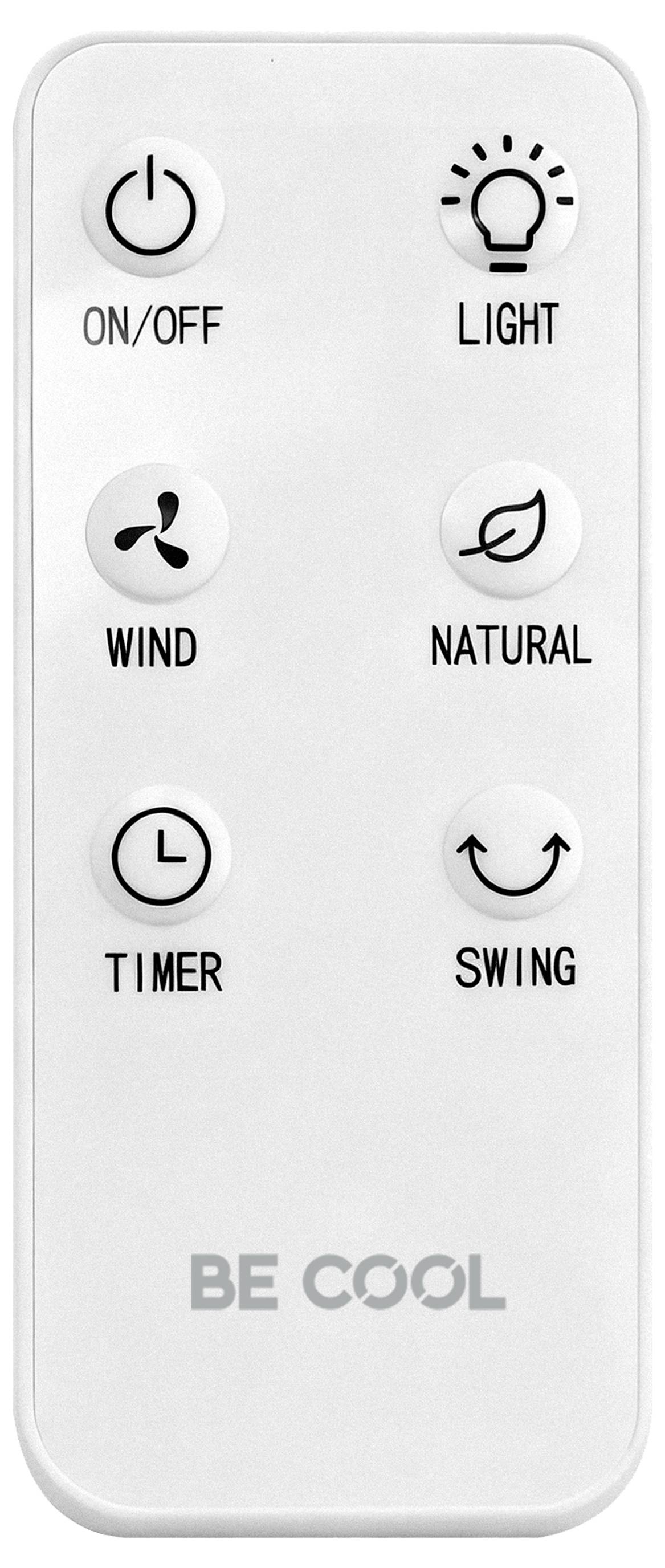 Biały pilot zdalnego sterowania z przyciskami 'ON/OFF', 'LIGHT', 'WIND', 'NATURAL', 'TIMER' i 'SWING'; z napisem 'BE COOL' na dole.