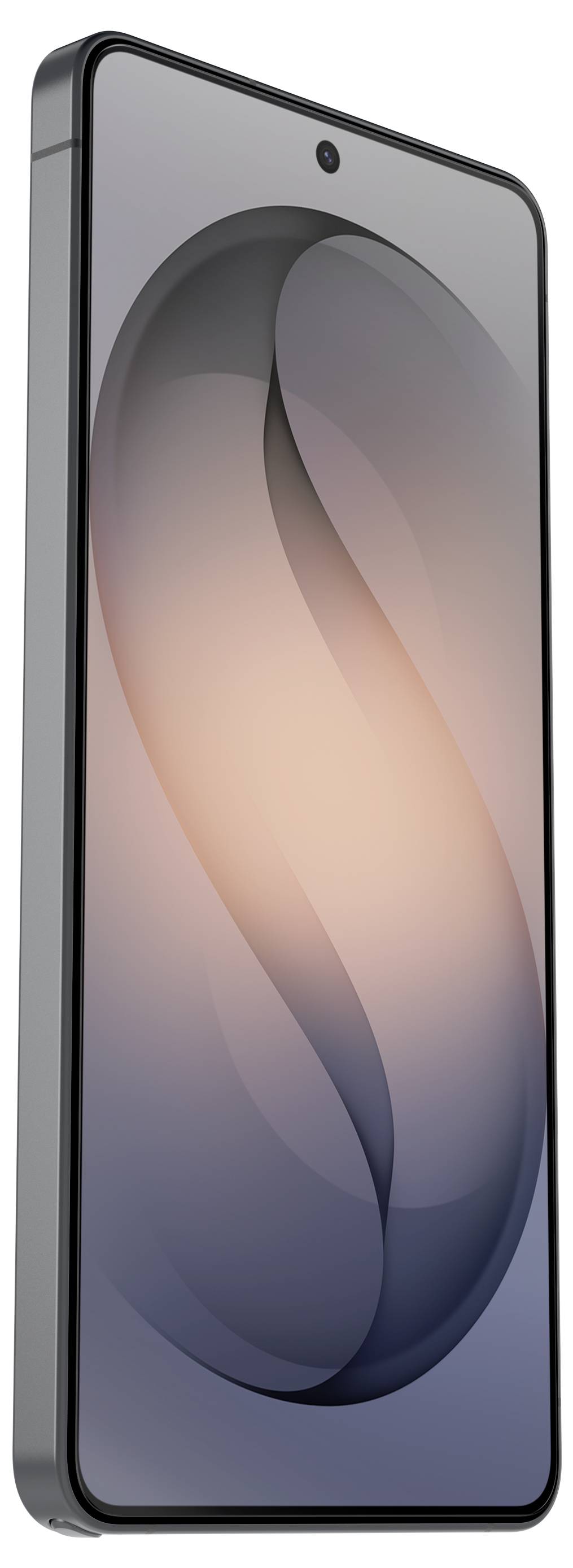Srebrny smartfon pokazany pod kątem, wyświetlający miękką abstrakcyjną tapetę na ekranie.