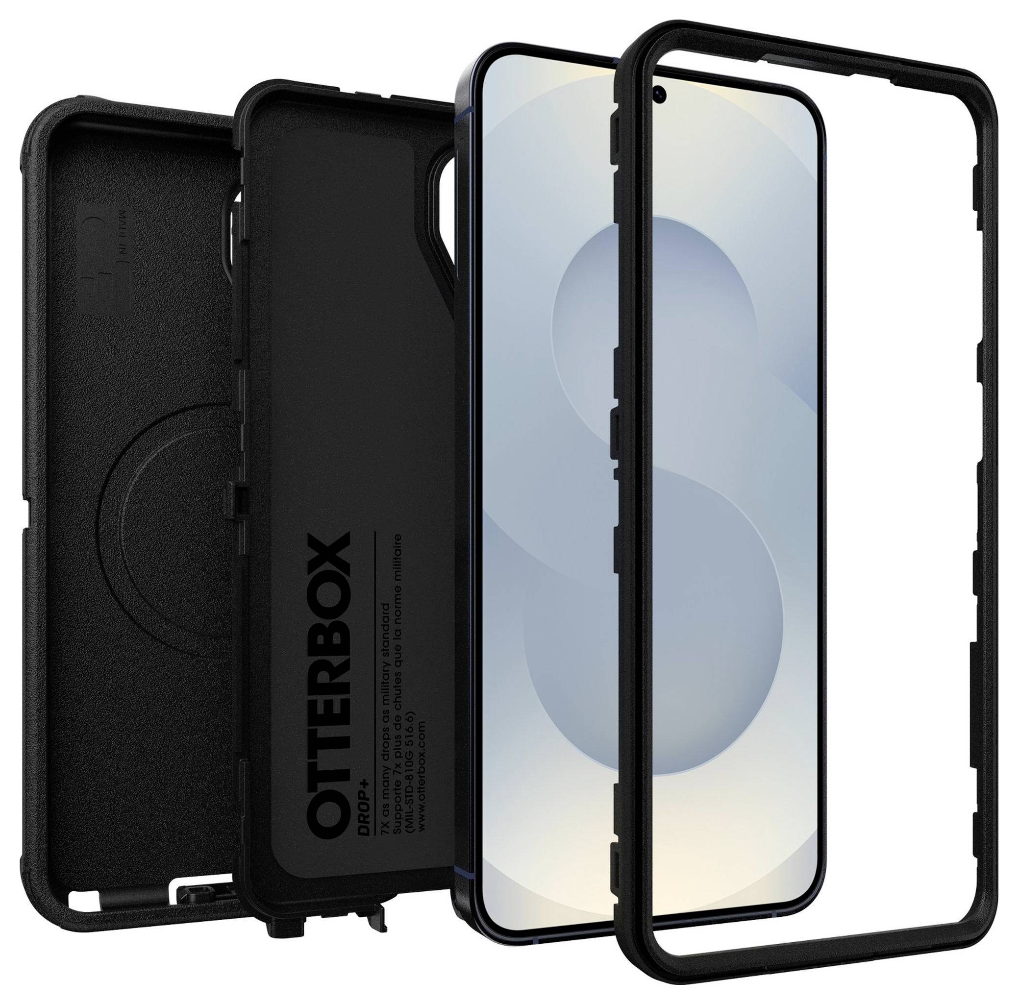 Trójczęściowe etui do telefonu marki Otterbox składające się z czarnego panelu tylnego, przezroczystego frontu i bocznej ramki, zaprojektowane w celu ochrony.