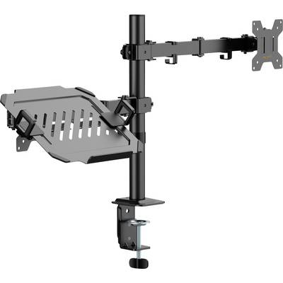 Stojak na monitor i laptopa z regulowanymi ramionami; obsługuje ekran i laptopa, idealny do organizacji przestrzeni roboczej i ergonomicznej konfiguracji.