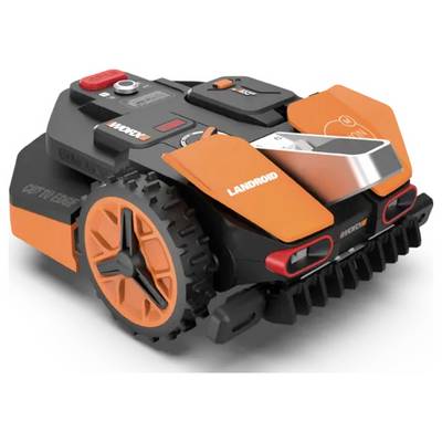 Zautomatyzowana kosarka do trawy z pomarańczowymi akcentami na czarnym kadłubie, oznaczona etykietą 'Landroid', wyposażona w duże koła i elegancki design.