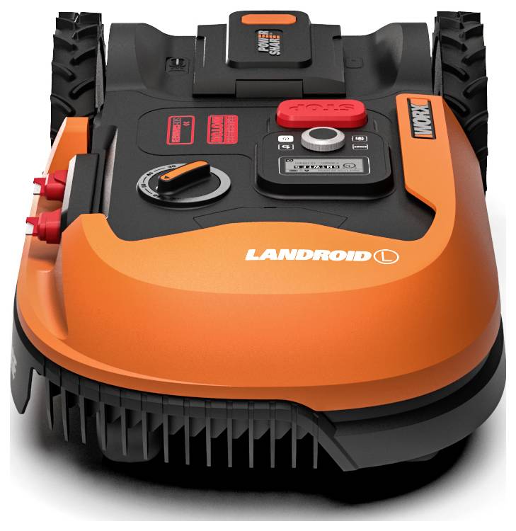 Pomarańczowa automatyczna kosiarka do trawy z czarnymi akcentami oznaczona „Landroid". Posiada przyciski sterujące i pokręsło regulacji wysokości cięcia na górze.