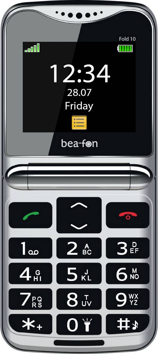 Srebrny telefon klapkowy z dużą klawiaturą wyświetla na ekranie '12:34, 28.07, Friday'. Widoczne są ikony sygnału, baterii i sieci.