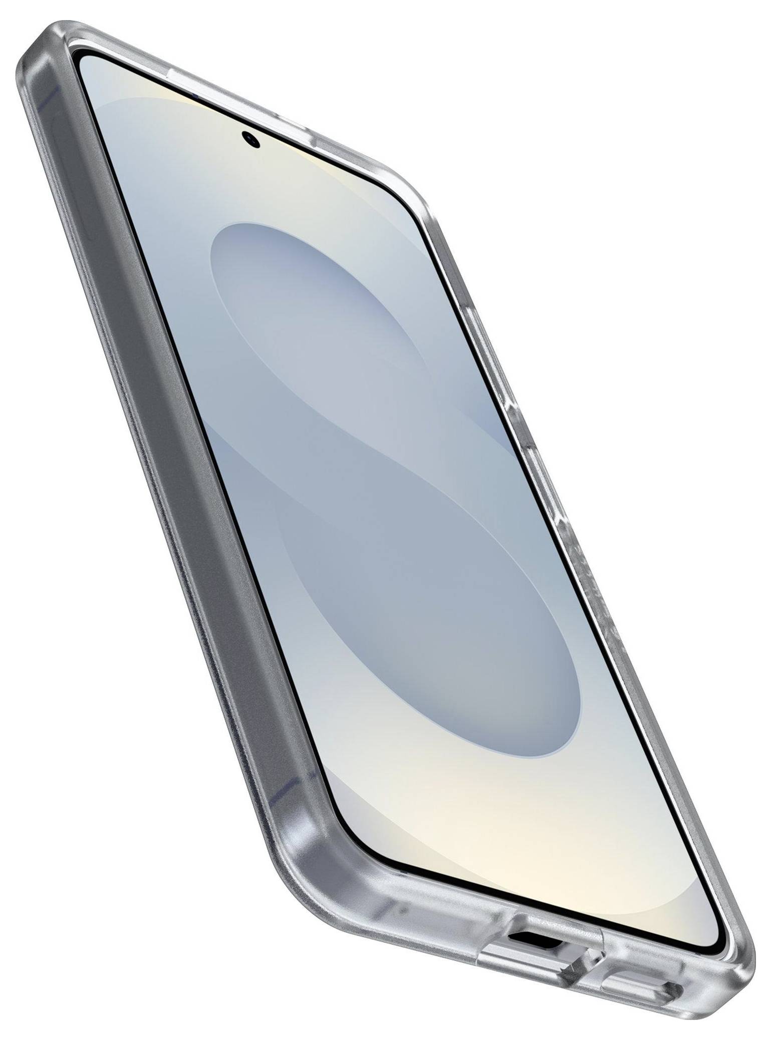 Smartfon ze stylowym przezroczystym etui, wyposażony w duży ekran i przednią kamerę. Wyświetlacz pokazuje minimalistyczny design w kształcie litery S.