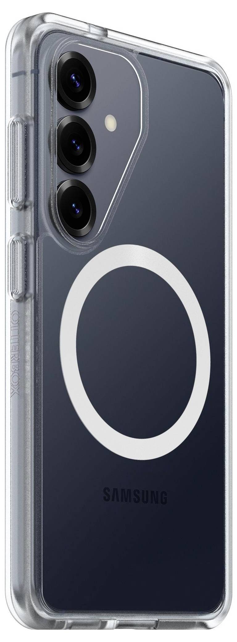 Przezroczyste etui do telefonu z białym pierścieniem na tyle, zaprojektowane dla urządzenia Samsung z trzema obiektywami aparatu z tyłu.