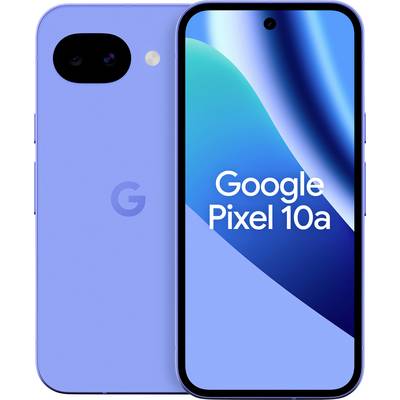 Niebieski smartfon Google Pixel 10a, widok z przodu i z tyłu, pokazujący kamerę tylną i ekran wyświetlający tekst „Google Pixel 10a".