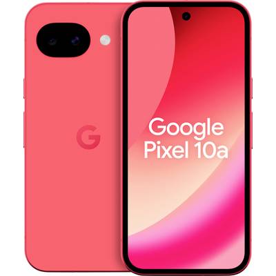 Różowy smartfon Google Pixel 10a pokazujący przód i tył urządzenia. Ekran wyświetla "Google Pixel 10a" z czerwonym gradientowym tłem.