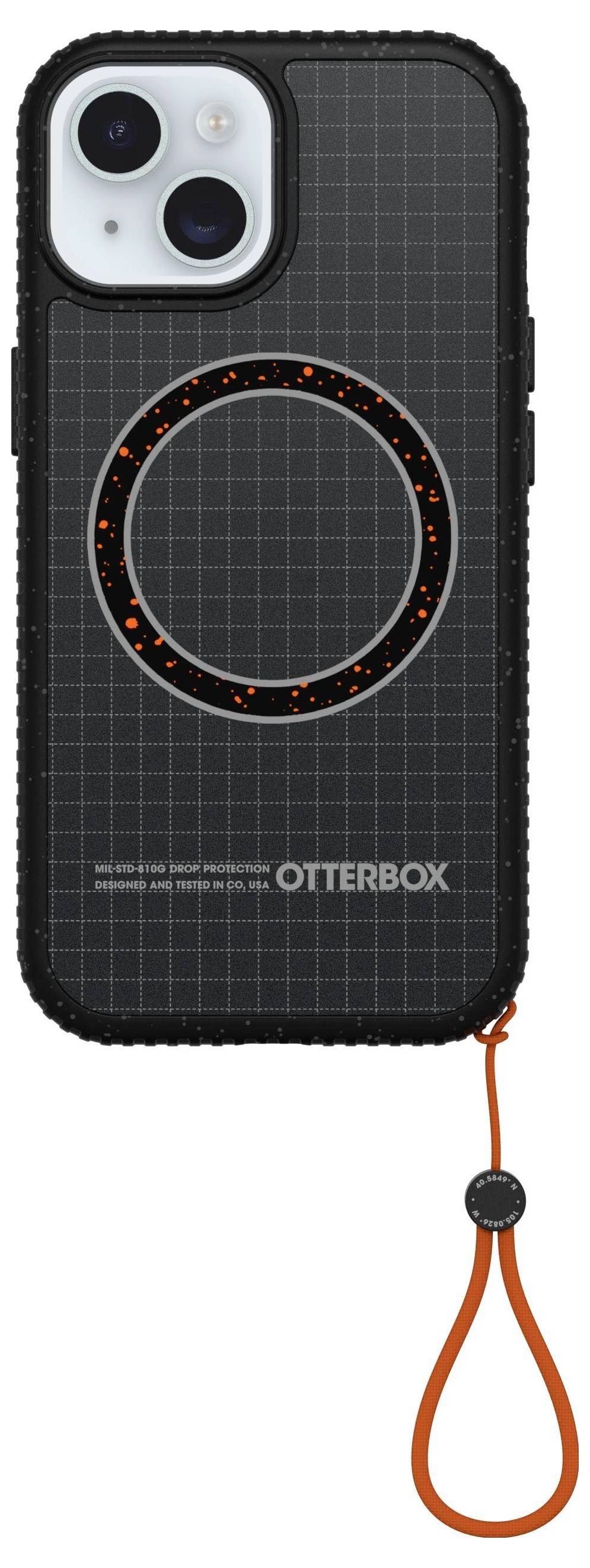 Etui 'OTTERBOX' do telefonu z kompatybilnym designem MagSafe, wyposażone w pomarańczowy pierścień ze wzorem splamień i wzorem siatki, dołączone do pomarańczowego smycza.