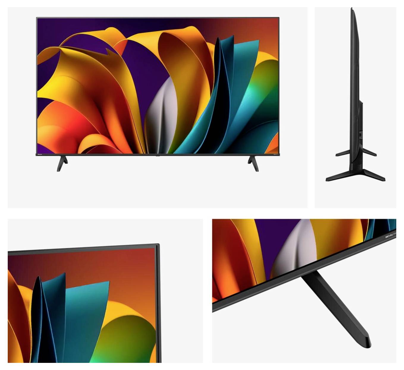 Duży telewizor plaski z kolorowym abstrakcyjnym wzorem na ekranie. Różne kąty pokazują cienki design i smukły stojak.