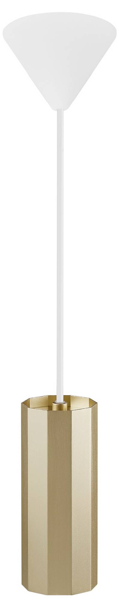 Nowoczesna lampa z białym stożkowatym abażurem i cylindryczną złotą podstawą, o eleganckim designie łączącym style współczesne i minimalistyczne.