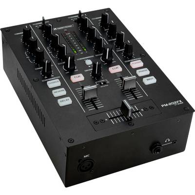 Czarny mikser audio z różnymi pokrętłami, przyciskami i suwakami oznaczonymi funkcjami takimi jak „CUE", „CHORUS" i „PHASE", ze złączem do słuchawek.