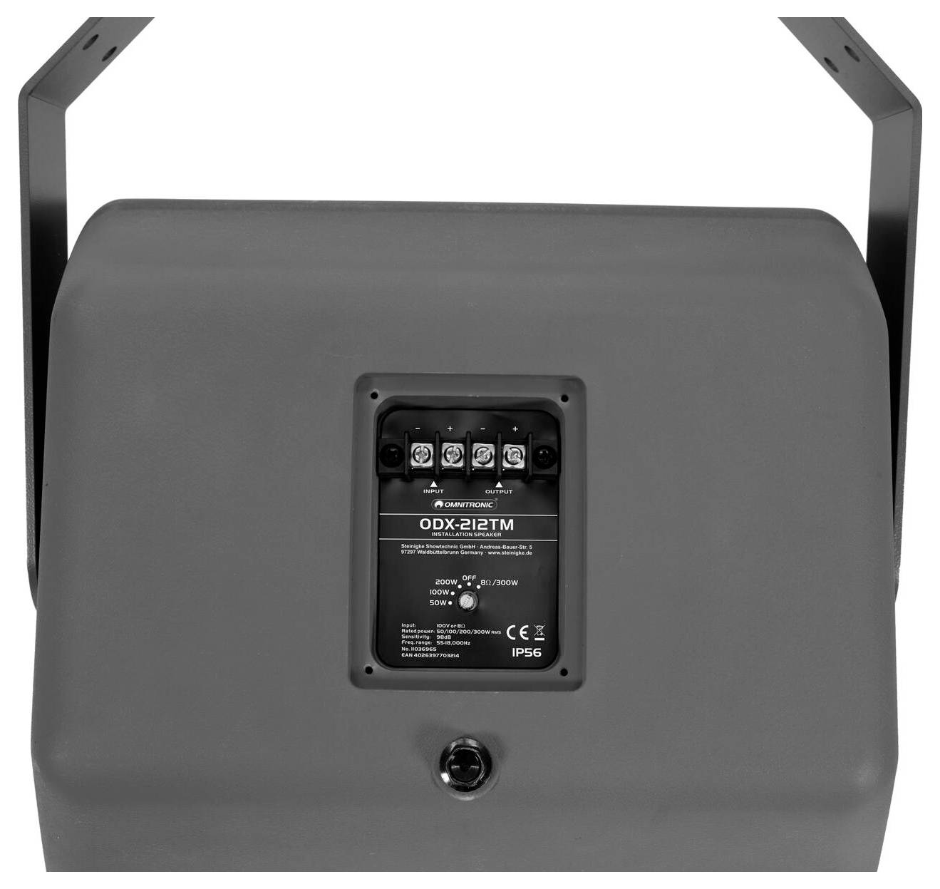 Widok z tyłu urządzenia elektronicznego z oznaczonymi portami, model „ODX-212TM". Funkcje obejmują ocenę IP65 i zużycie energii 500W.