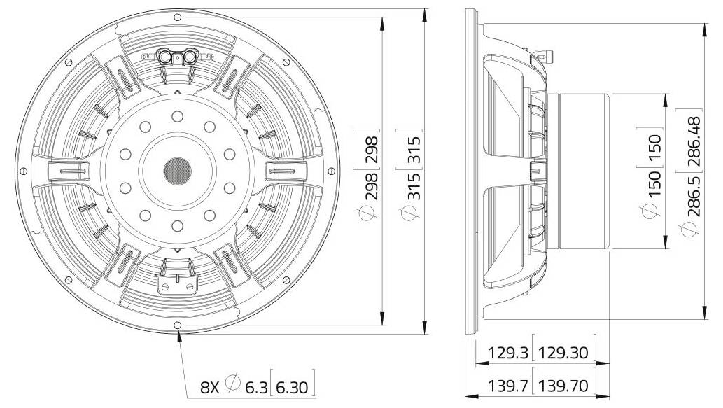 Diagram techniczny okrągłego głośnika. Widok z przodu pokazuje osiem otworów o średnicy 6,3 mm. Widok z boku pokazuje wymiary: głębokość 286,5 mm, wysokość 150 mm.