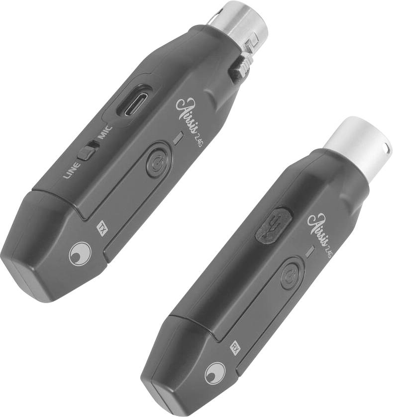 Dwa czarne adaptery mikrofonowe z złączami XLR, oznaczone 'Xvive U3', wyposażone w przyciski do wejścia liniowego i mikrofonowego, z portami USB do ładowania.