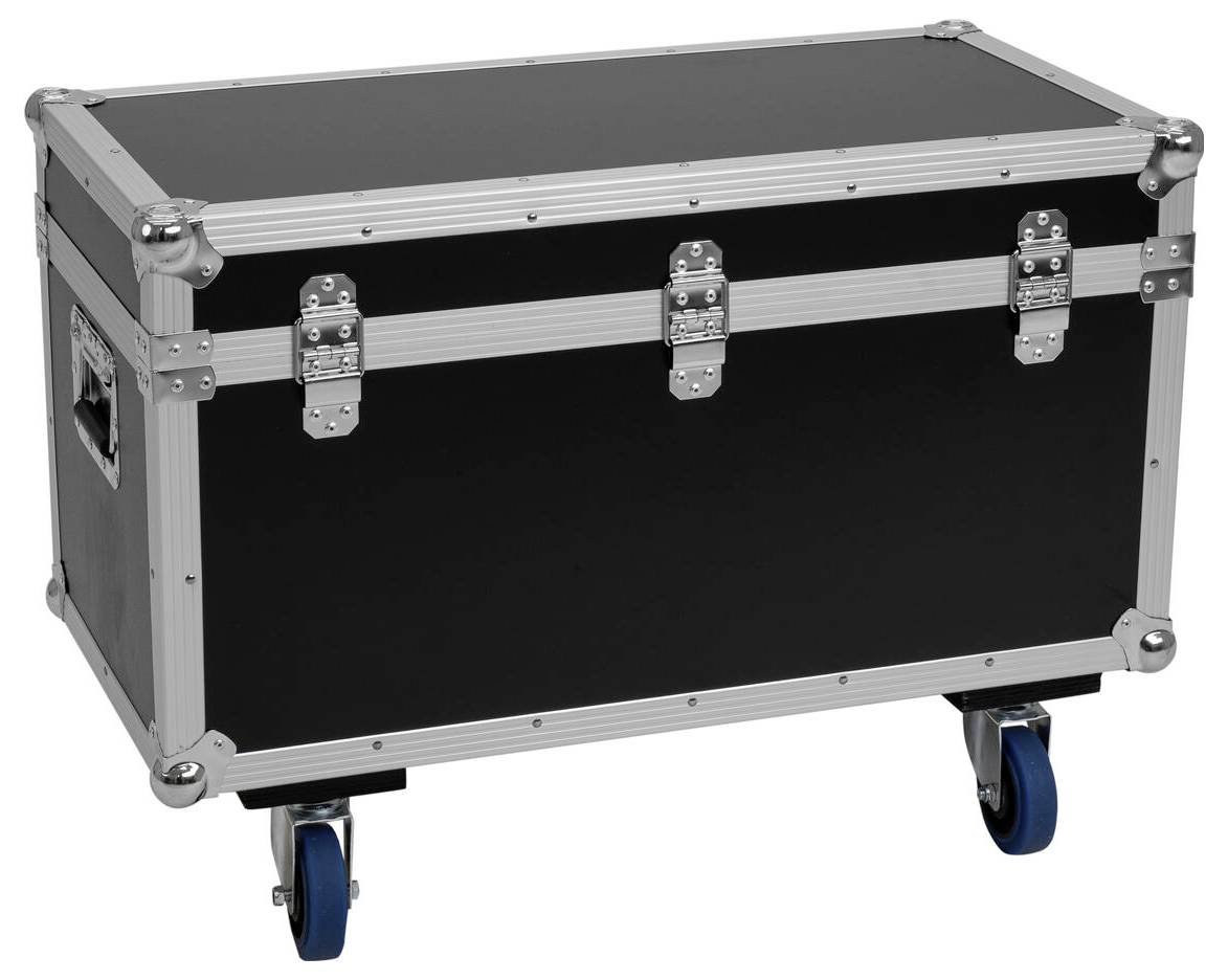 Duża czarna i szara skrzynia sprzętowa na niebieskich kółkach, zaprojektowana do transportu ciężkich lub cennych przedmiotów.