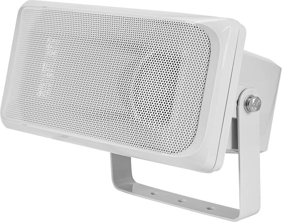 Prostokątny głośnik zewnętrzny z białą kratką, zamontowany na uchwycie umożliwiającym regulację położenia.