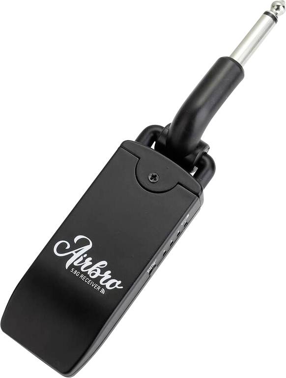 Czarne urządzenie „Airbro 5.8G Receiver" z wtyczką 1/4 cala wysuniętą z jednego końca; stosowane do bezprzewodowej transmisji audio.