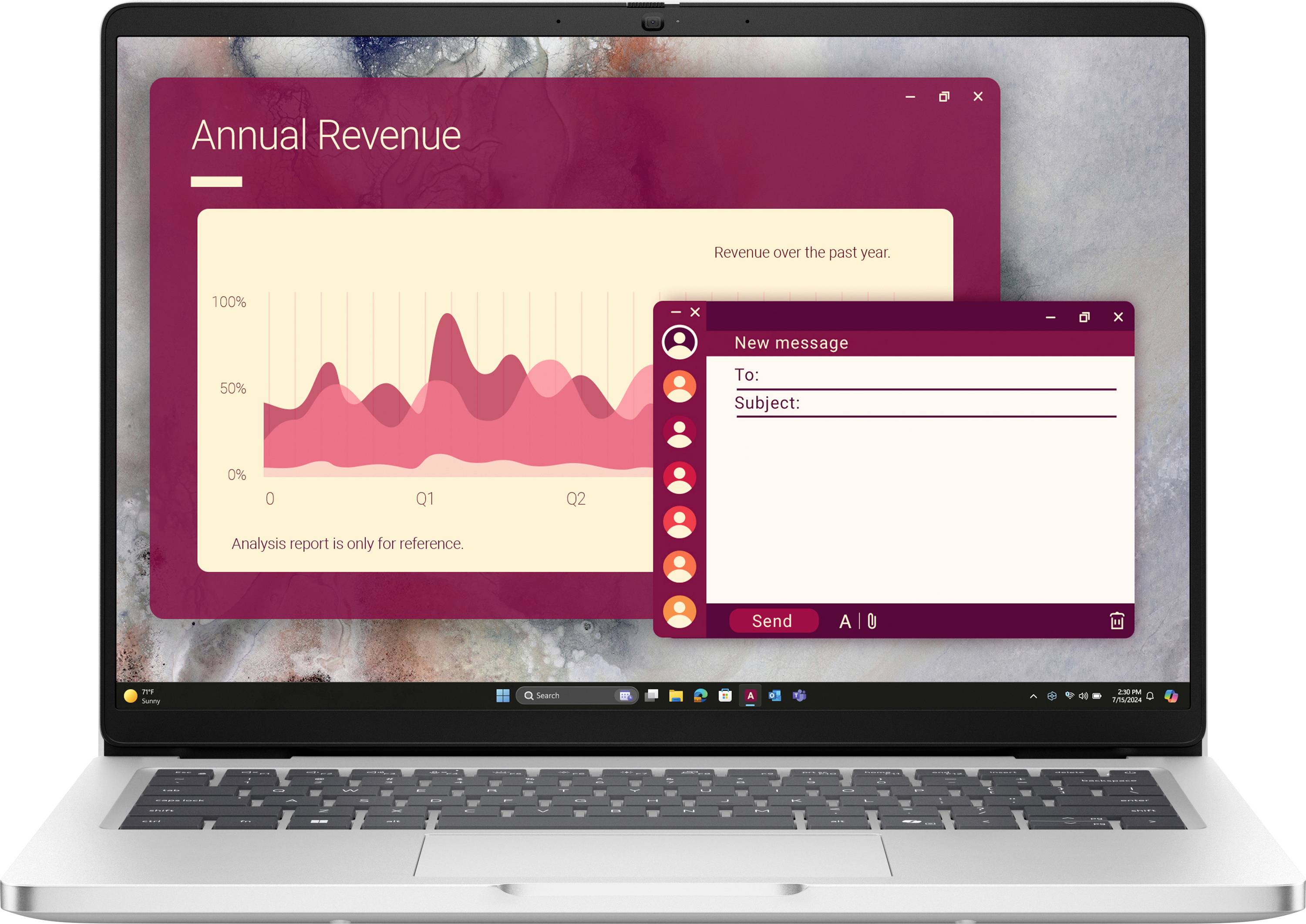 Ekran laptopa wyświetla wykres liniowy zatytułowany „Przychód roczny" pokazujący wahające się dane. Obok niego otwarte jest okno aplikacji do wysyłania wiadomości.