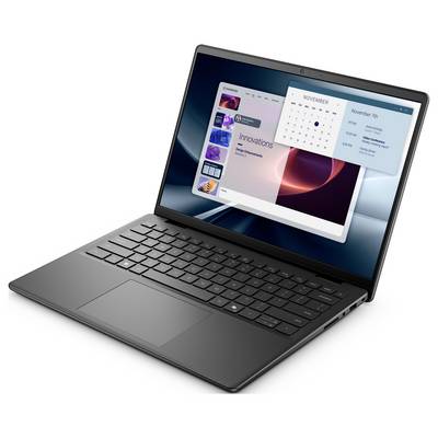 Elegancki czarny laptop z otwartym ekranem wyświetlającym nowoczesny interfejs użytkownika, zawierający kalendarz i aplikację „innowacje".