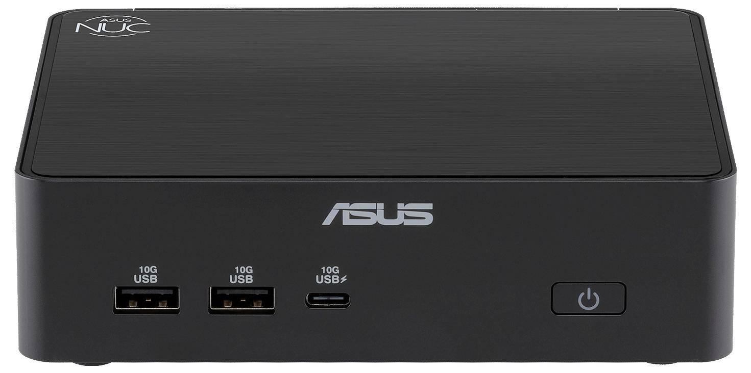 Czarny mini PC ASUS z logo Intel NUC, posiadający dwa porty USB 10G, jeden port USB-C 10G i przycisk zasilania na przedniej ściance.