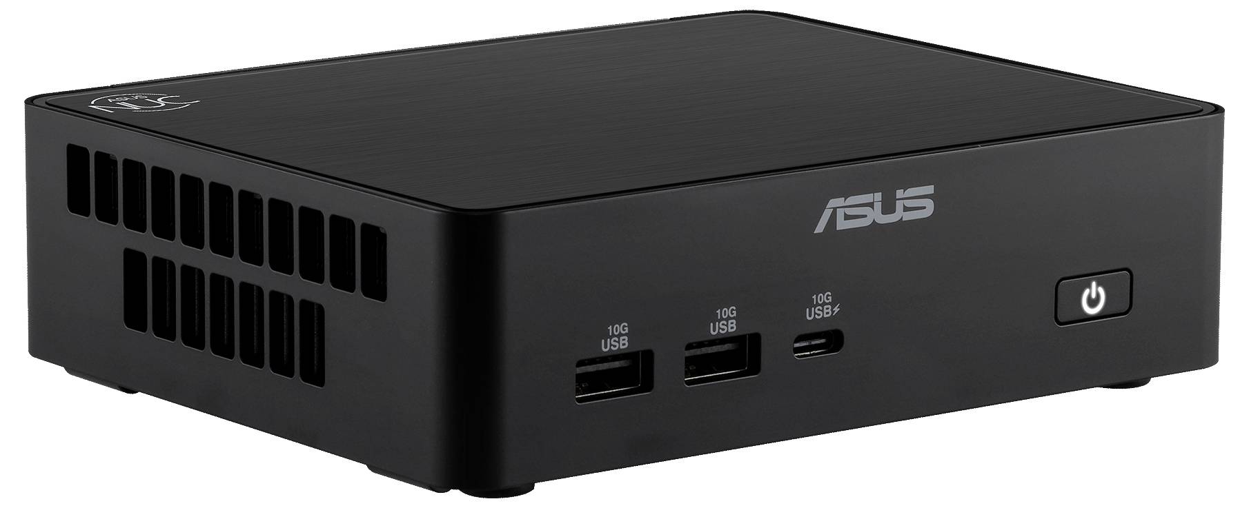 Kompaktowy mini PC ASUS w czarnej obudowie z portami USB na przedzie i przyciskiem zasilania, zaprojektowany do wydajnego użytku domowego lub biurowego.