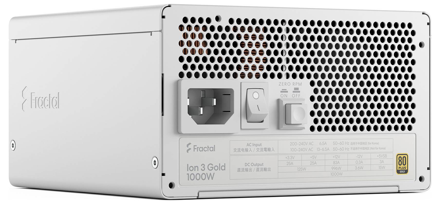 Biały zasilacz mocy oznaczony etykietą "Fractal Ion 3 1000W", wyposażony w perforowany design z przełącznikiem wejściowym, gniazdem zasilającym i wskaźnikiem sprawności.