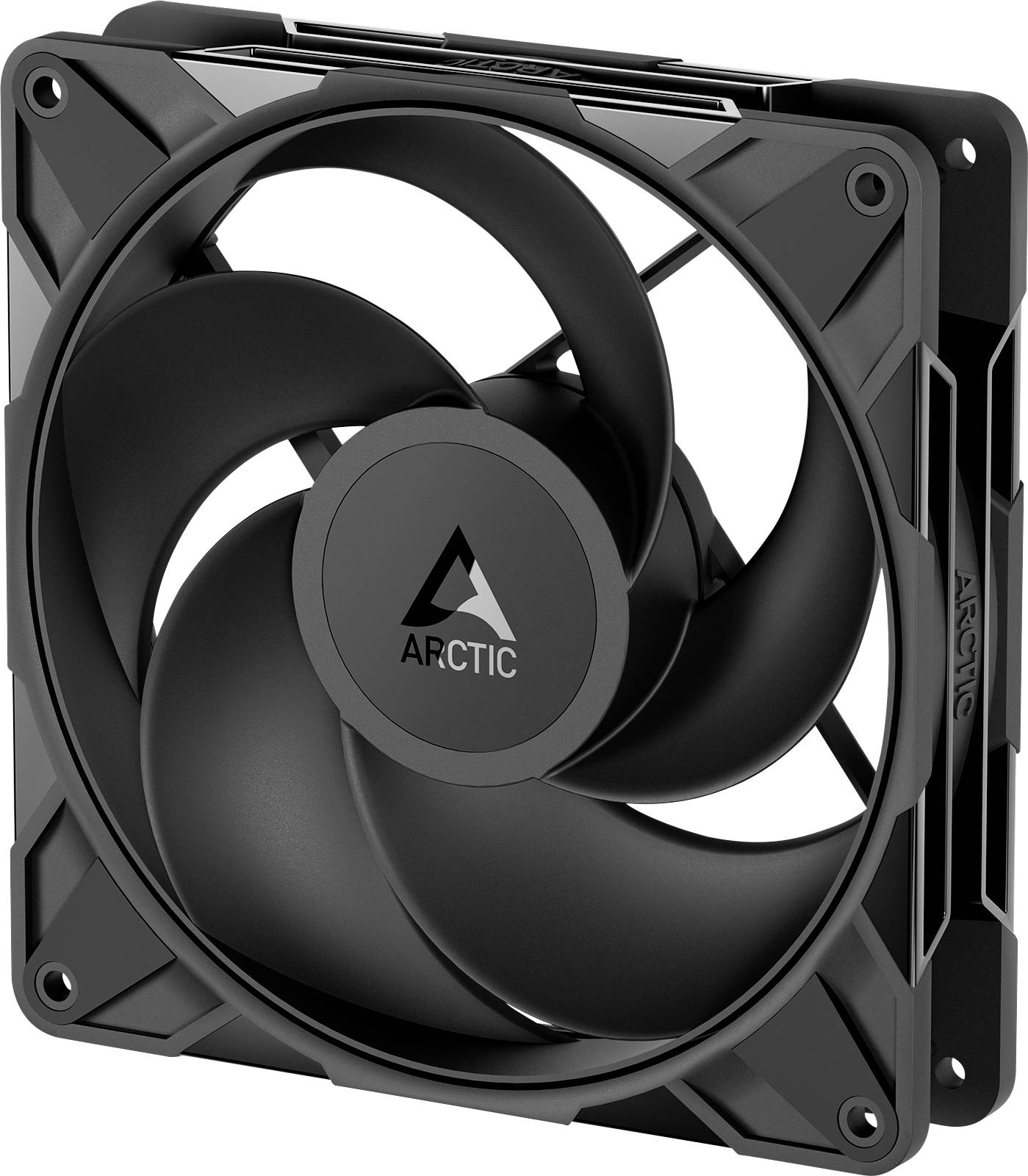 Czarny wentylator chłodzący do komputera z etykietą 'ARCTIC' z zakrzywionymi łopatkami, zaprojektowany do zwiększania przepływu powietrza wewnątrz urządzeń elektronicznych.