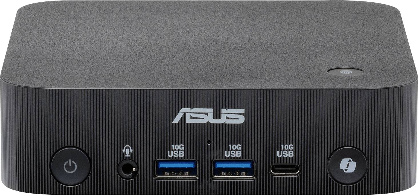 Czarny miniaturowy komputer ASUS z dwoma portami USB, portem USB-C i gniazdem audio na przodzie, wraz z przyciskami zasilania i synchronizacji.