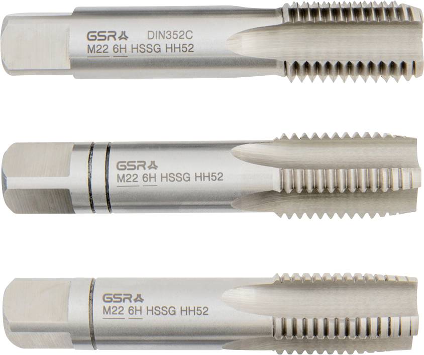 'Trzy metalowe gwintowniki oznaczone jako GSR, DIN352C, M22 6H HSSG HH52, każdy z różnymi wzorami gwintów, używane do cięcia gwintów wewnętrznych.'