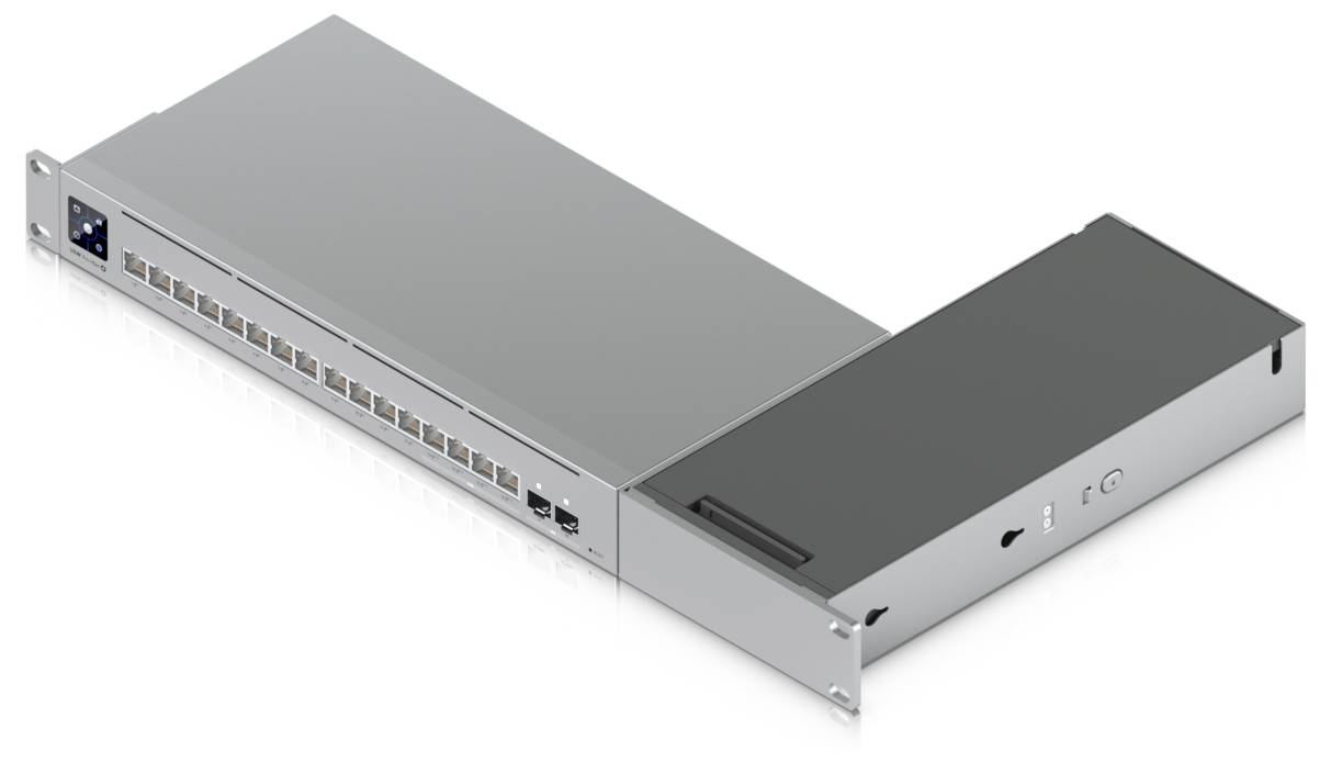 Przełącznik sieciowy montowany na stojaku z wieloma portami Ethernet i przyciskiem zasilania z boku, zaprojektowany do zarządzania danymi w konfiguracjach serwerów.