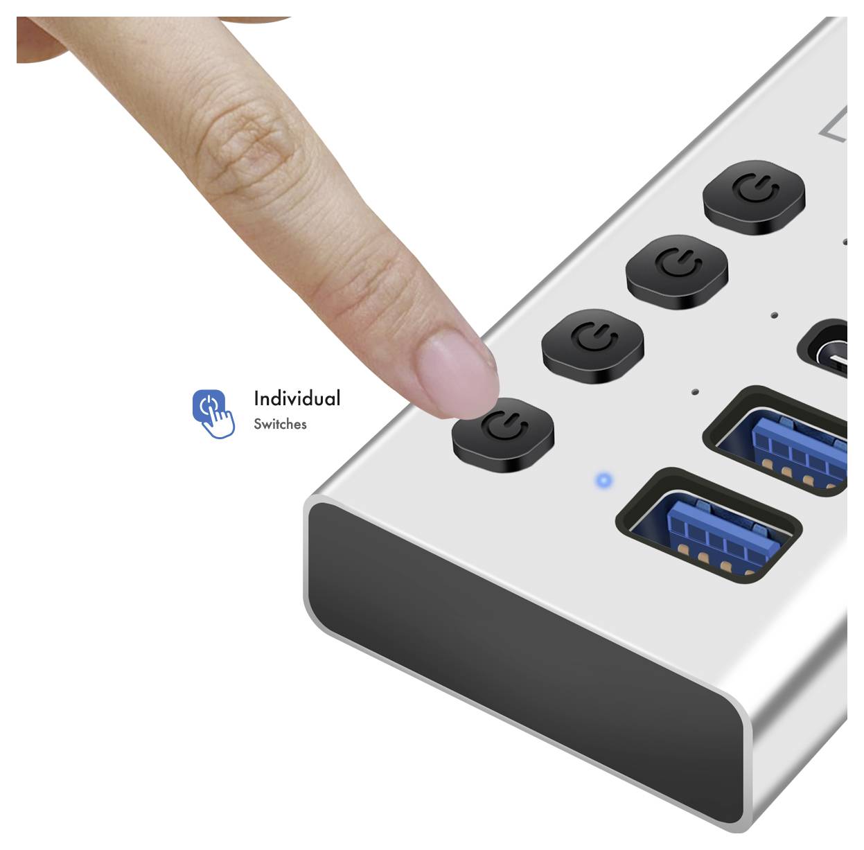 Rysunek techniczny okrągłego wbudowanego oświetlenia LED z widokami bocznym i czołowym, pokazujący wymiary oraz wstawioną oddzielną jednostkę zasilającą.