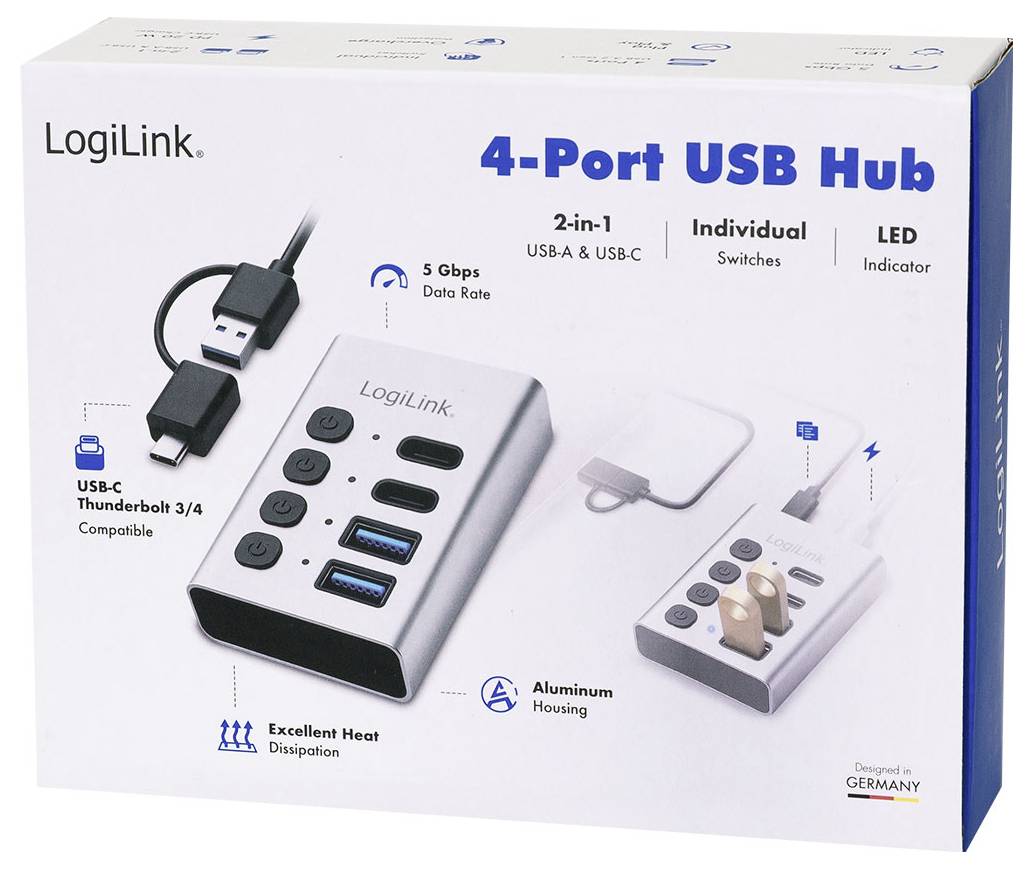 Pudełko produktu LogiLink 4-portowy hub USB, pokazujący wtyczki USB-A i USB-C, indywidualne włączniki, wskaźnik LED i szybkość transmisji danych 5 Gbps.