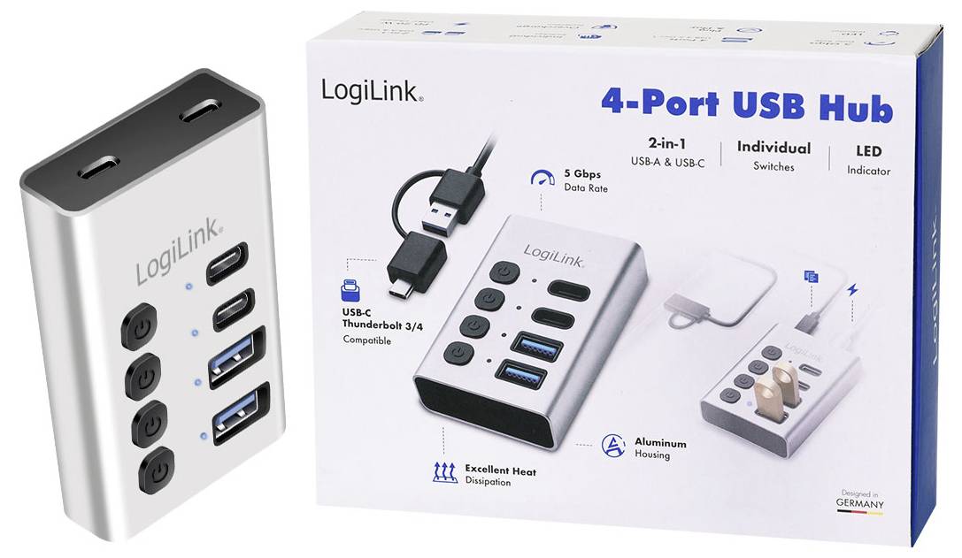 LogiLink Hub USB 4-portowy z 2-w-1 USB-A i USB-C, indywidualne przełączniki, wskaźnik LED i obudową aluminiową pokazany z opakowaniem detalicznym.