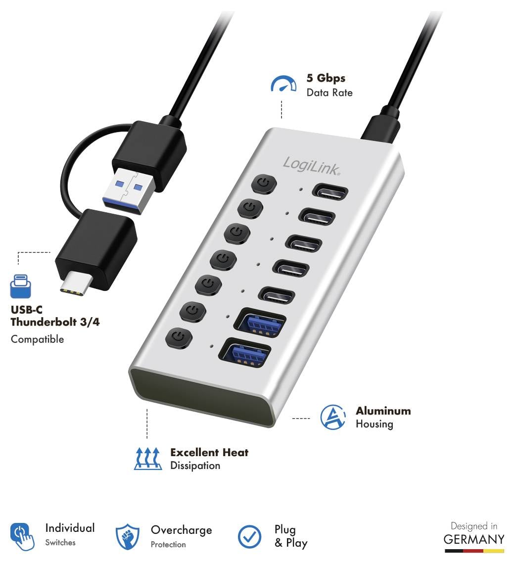 USB-концентратор LogiLink UA0447, 5+2 порта, USB-A, USB-C®, USB 3.2 Gen1, 5 Гбит/с, алюминиевый корпус, UA0447