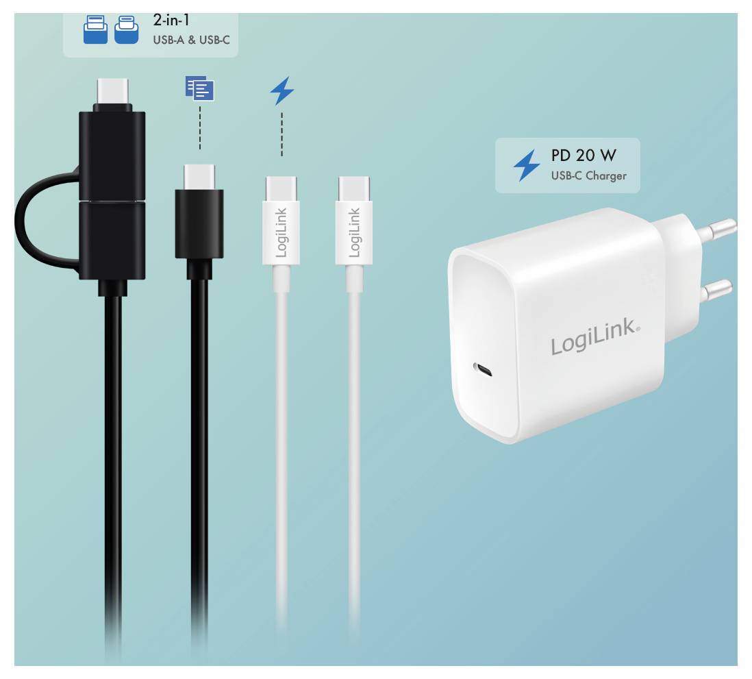 Kabel LogiLink 2 w 1 USB-C z wtyczkami USB-A i USB-C obok białej ładowarki USB-C PD 20W.