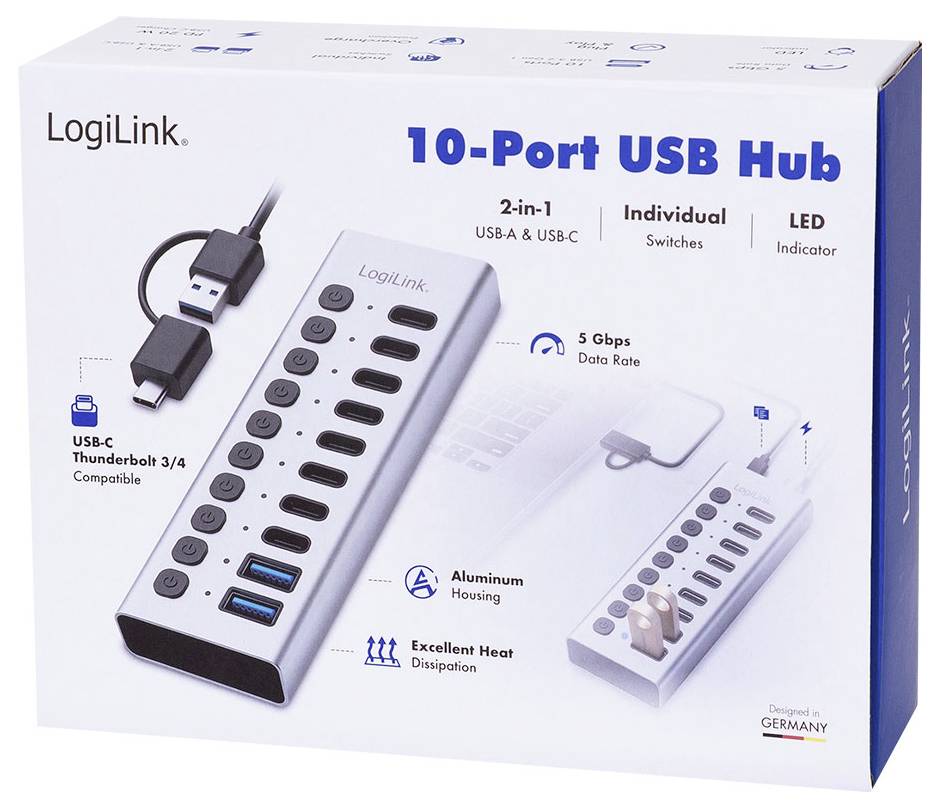 Opakowanie concentratora USB LogiLink 10-portowego, pokazujące koncentrator 2-w-1 USB-A i USB-C z indywidualnymi przełącznikami, wskaźnikiem LED, szybkością transmisji danych 5 Gbps i obudową aluminiową.