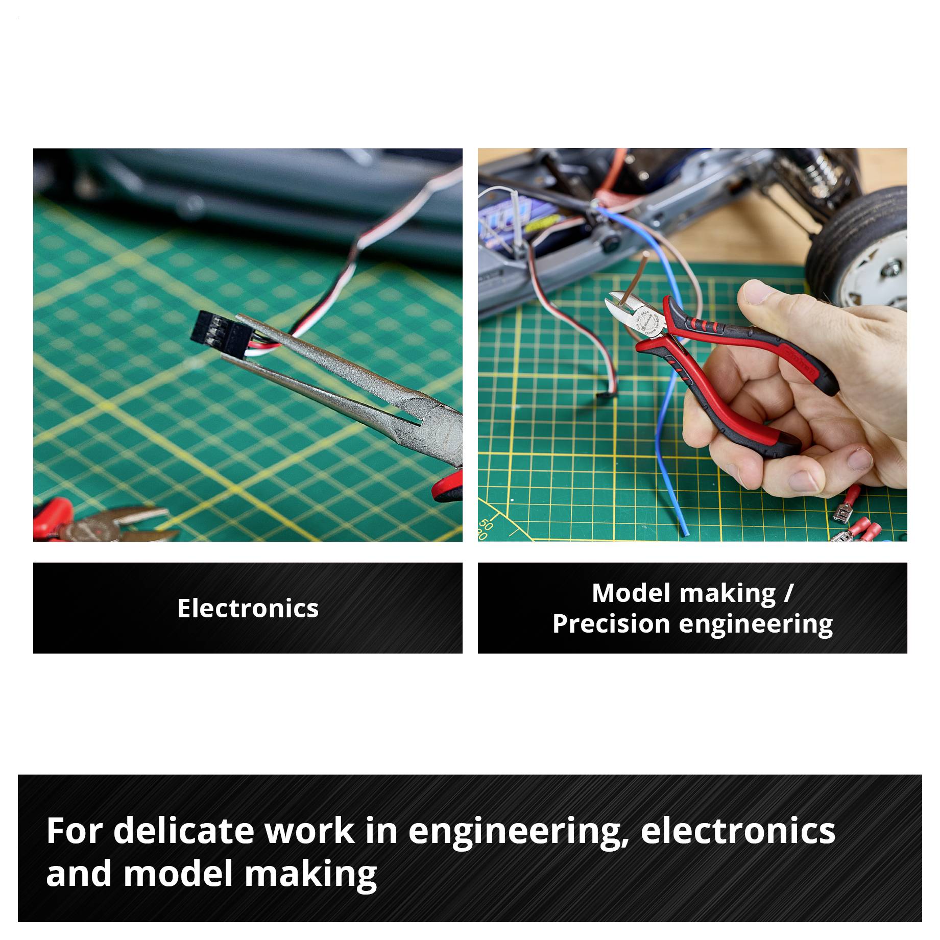 Wizerunek reklamowy do precyzyjnych prac w technice, elektronice i modelarstwie: po lewej stronie elektronika z pincetą przy kablach, po prawej stronie modelarstwo/precyzyjne prace mechaniczne z kleiszczami.
