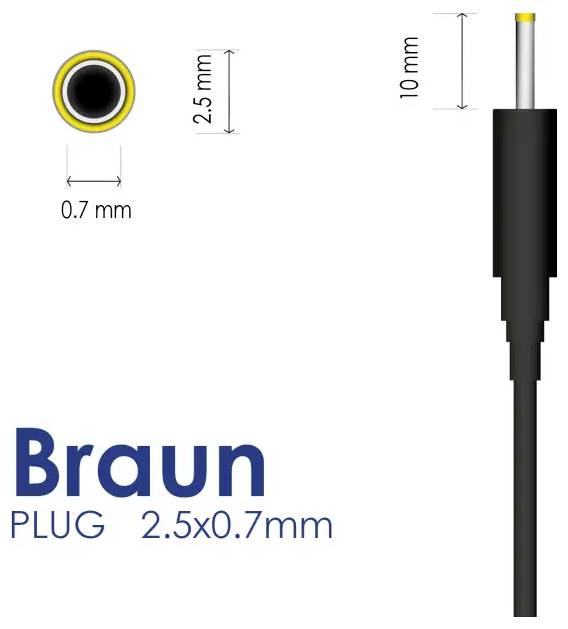 Wtyczka Braun, 2,5x0,7 mm' tekst z obrazem pokazującym kabel i wymiary: średnica zewnętrzna 2,5 mm, wewnętrzna 0,7 mm, długość wtyczki 10 mm.