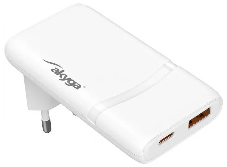 Зарядное устройство Akyga USB 65 Вт, USB-C, USB-A, белое.
