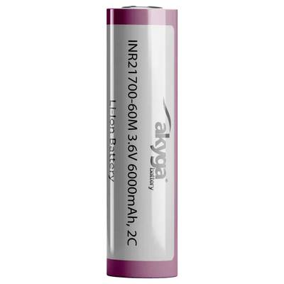Cylindryczna bateria Li-Ion oznaczona jako „akyga" ze specyfikacją: INR21700-60M, 3,6V, 6000mAh, 2C.