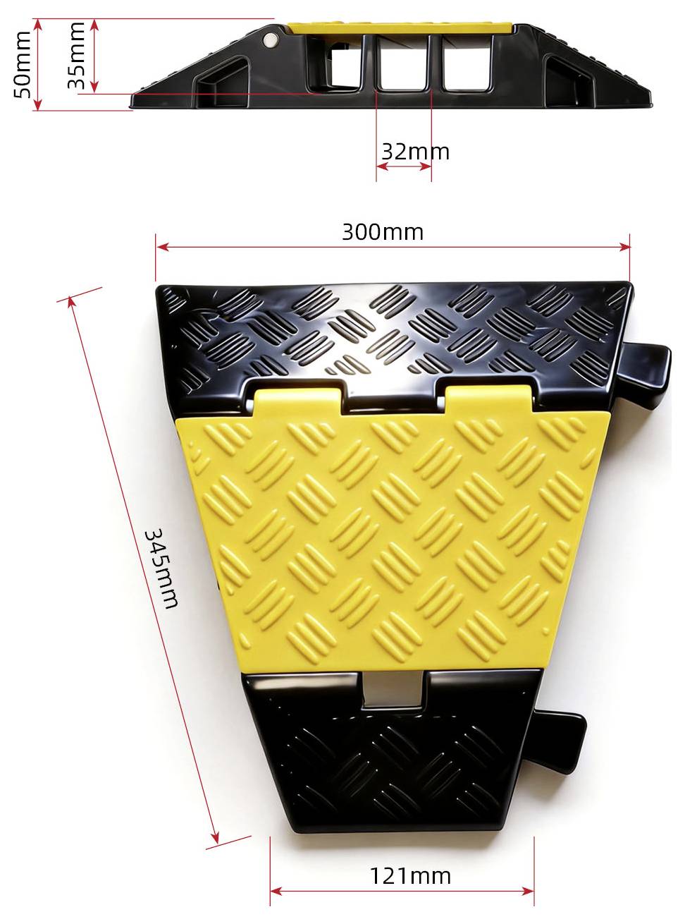 Ilustrowana przepusta kablowa o wymiarach: szerokość 300 mm, długość 345 mm, wysokość 50 mm, prześwit 35 mm i szerokość kanału 32 mm.